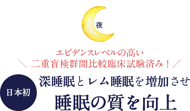 エビデンスレベルの高い二重盲検群間比較臨床試験済み ！ 深睡眠とレム睡眠を増加させ睡眠の質を向上